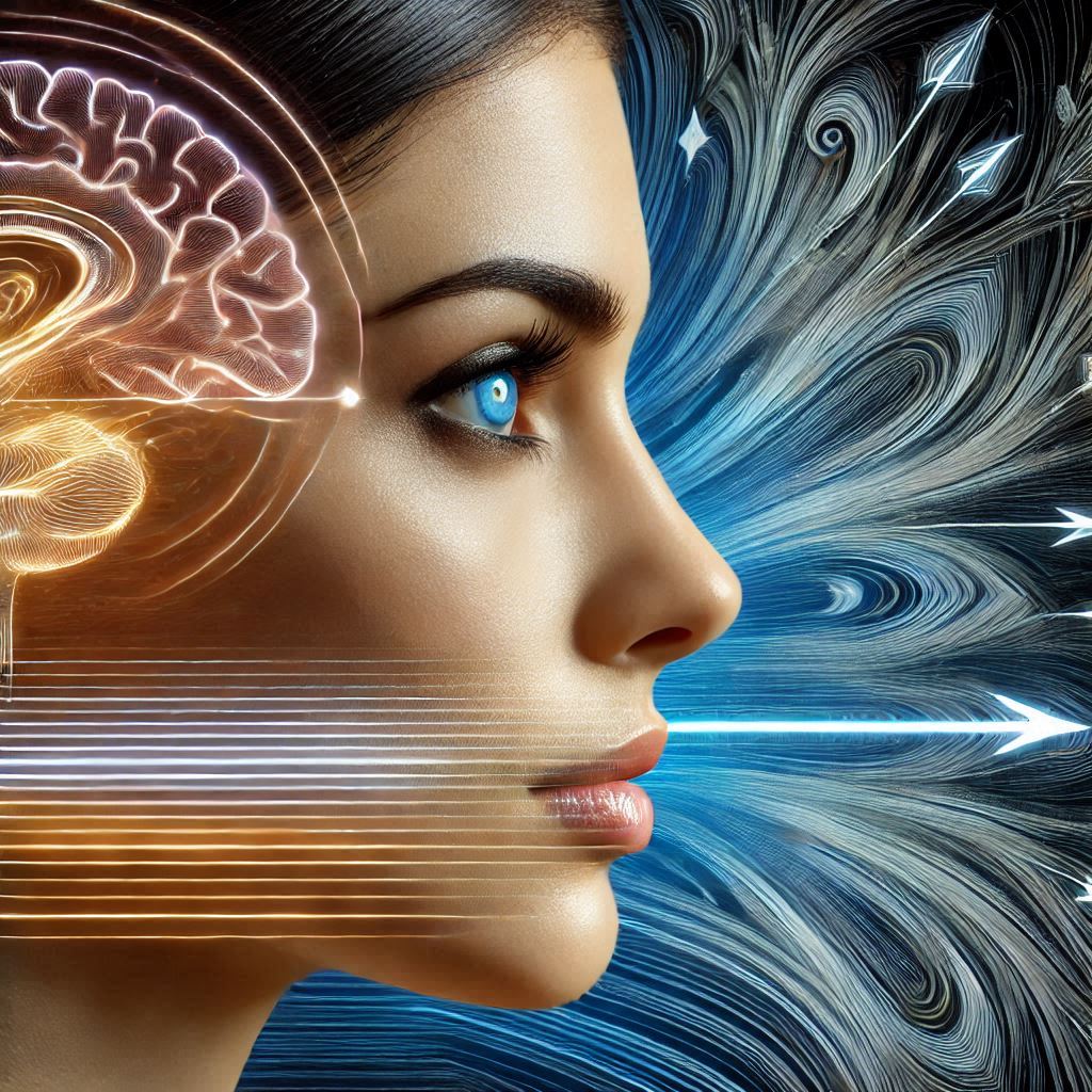 Regard d'une femme regardant devant elle. entourée de mouvement symbolisant l'actualisation par les mouvements oculaires et la transformation intérieure. 