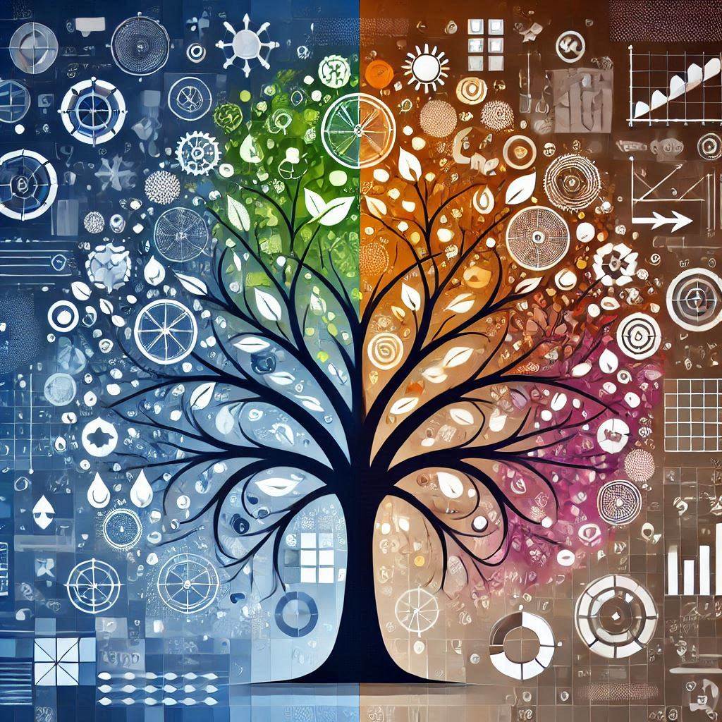 Arbre de vie. D'un côté couleur foncée, et de l'autre côté, couleurs vives symbolisant la transformation et changement avec le coaching en ligne. 