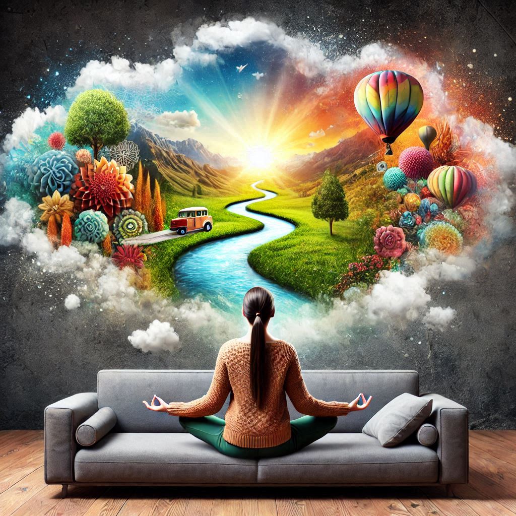 femme qui fait de l'hypnose. Elle est assise sur un sofa. Devant elle une image d'un paysage coloré. 