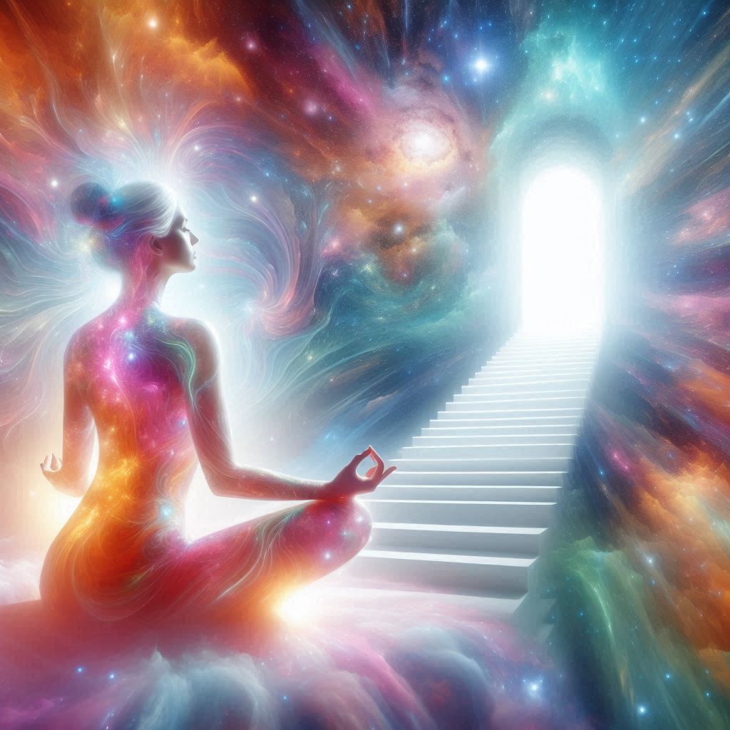 Femme assise en tailleur entourée de lumière représentant l'hypnose spirituelle.