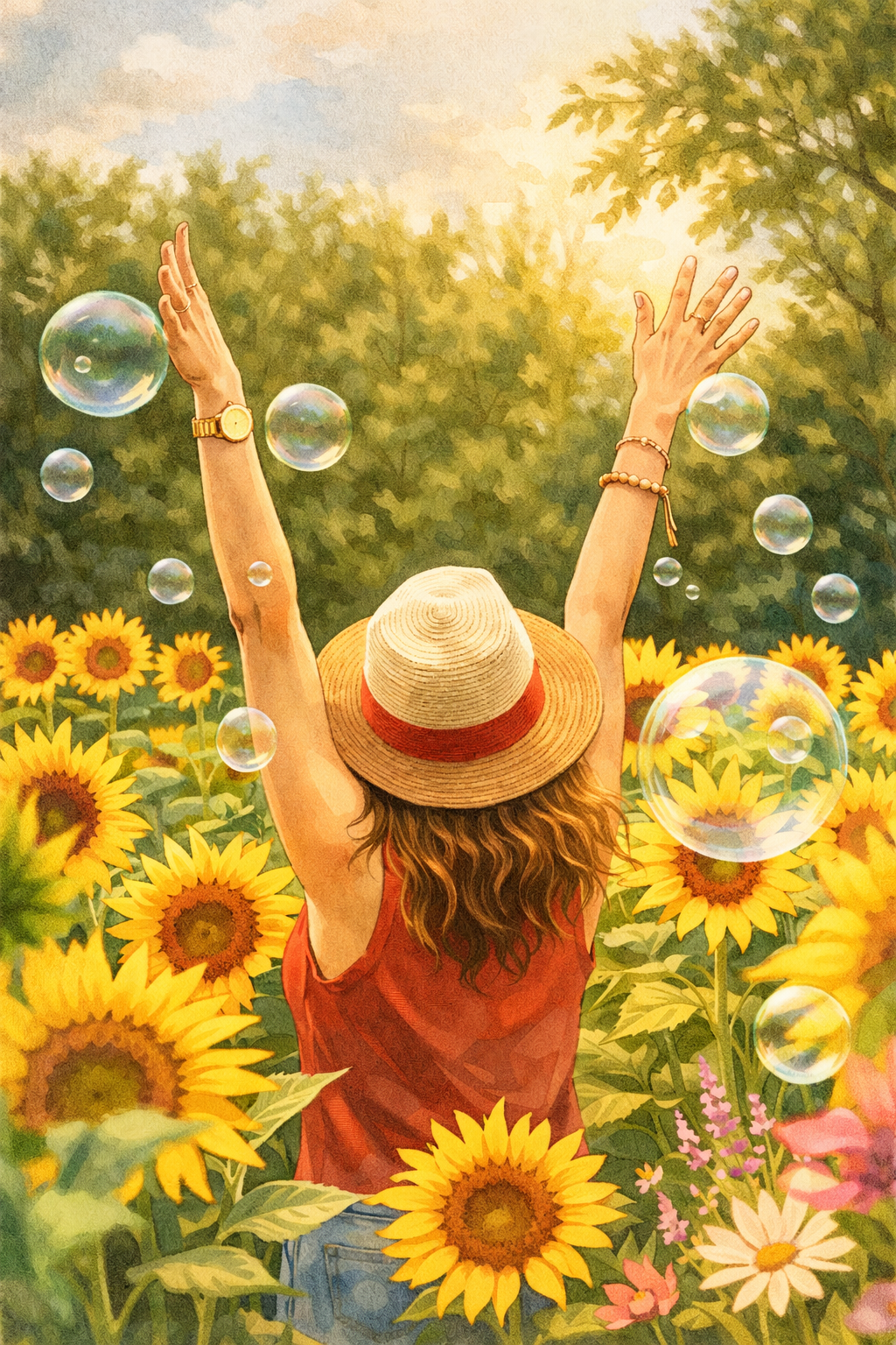 femme bras levé vers le ciel entourée de tournesol. Elle a retrouvé la sérénité et l'équilibre dans sa vie.