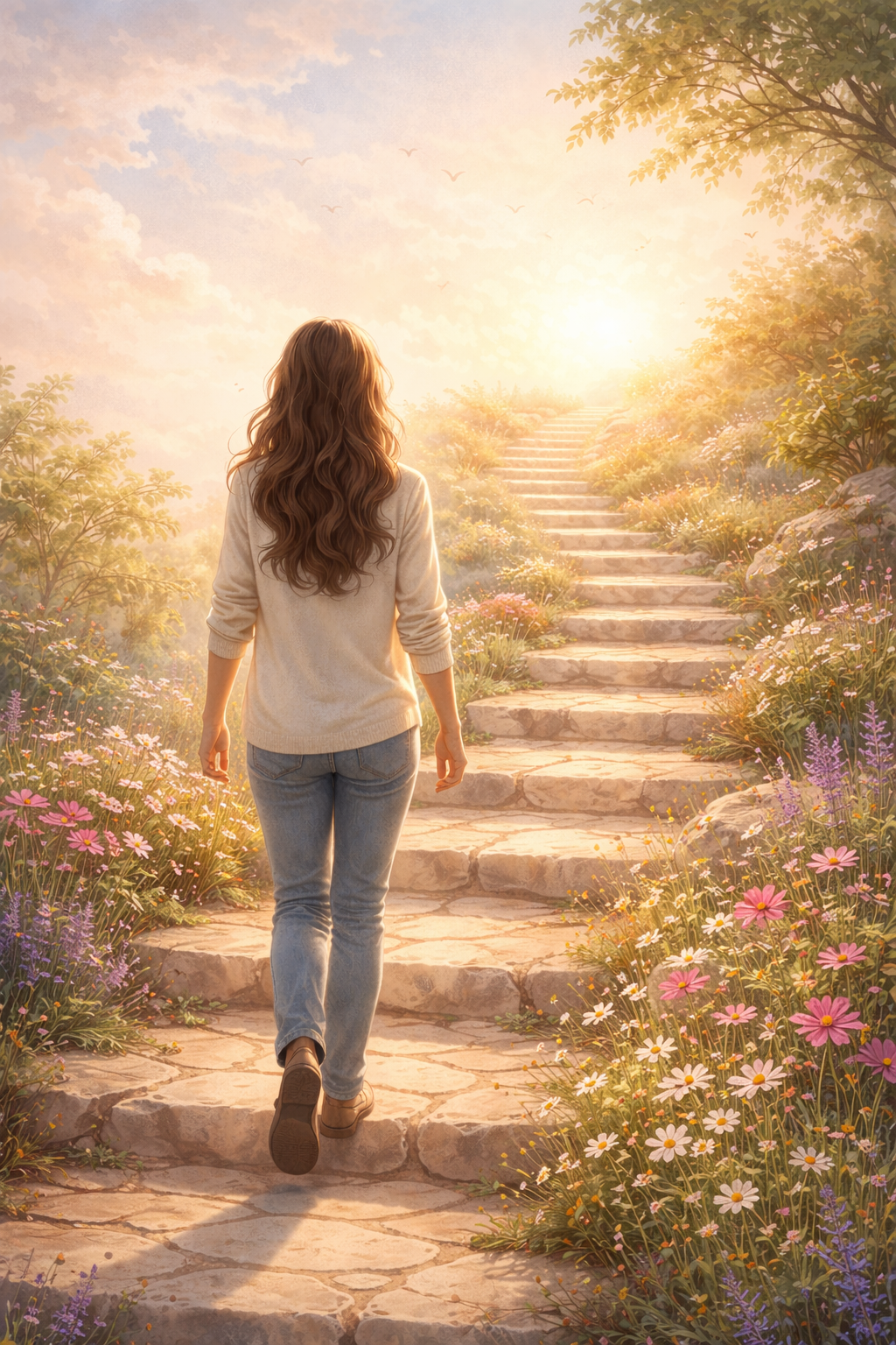 Une femme qui  marche après avoir retrouvé son énergie pas à pas avec le coaching PNL et l'hypnose en ligne. 