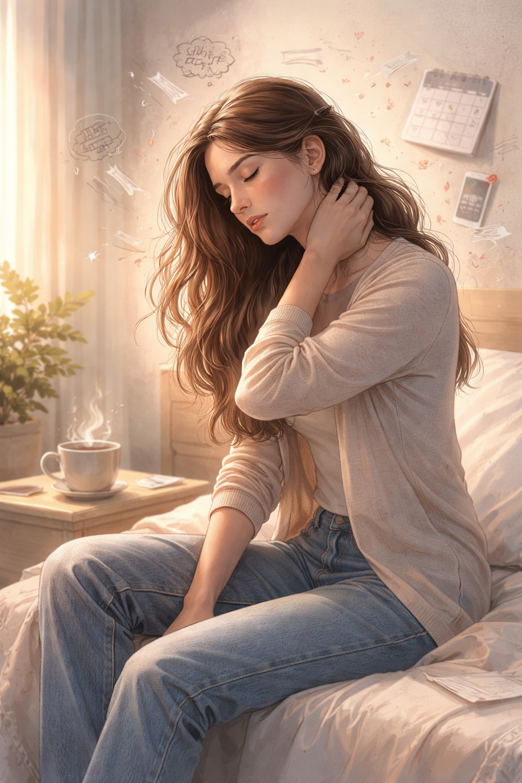 Femme fatiguée assise sur un canapé, illustration pour gérer le stress et l’épuisement profond avec le coaching PNL et l’hypnose en ligne